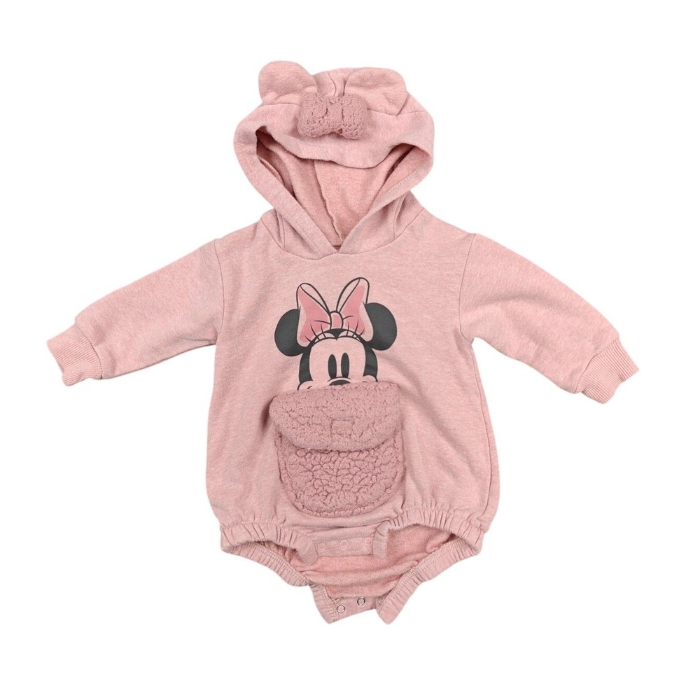 Disney Baby Minnie Mouse Pink Hooded Fleece Bodysuit Romper 3D Ears 6-9M 5891